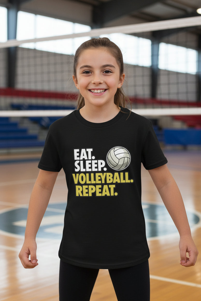 Eat Sleep Volleyball Repeat Youth Funny Sports Motivation T-Shirt for Kids Athletes Black - G640B - FRONT