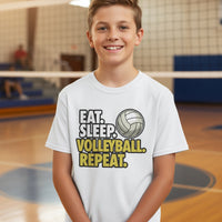 Eat Sleep Volleyball Repeat Youth Funny Sports Motivation T-Shirt for Kids Athletes WHITE - G640B - FRONT