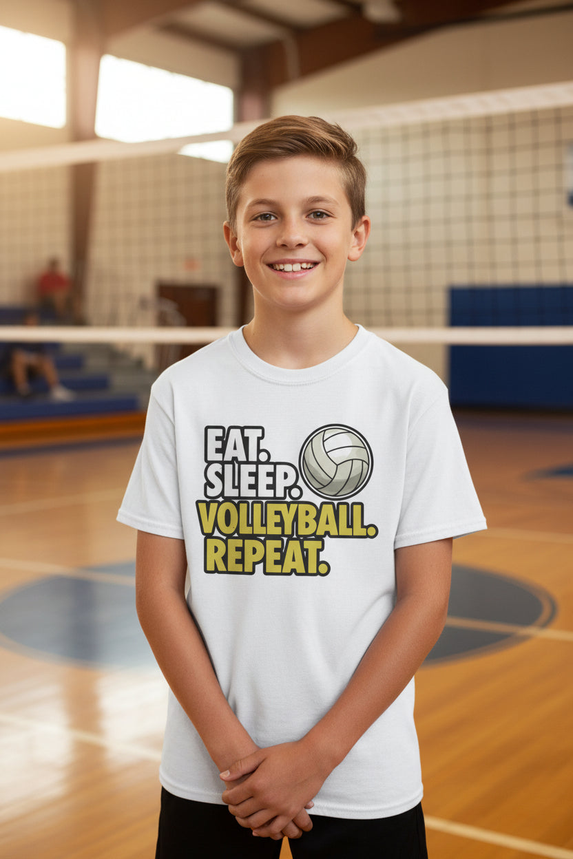 Eat Sleep Volleyball Repeat Youth Funny Sports Motivation T-Shirt for Kids Athletes WHITE - G640B - FRONT