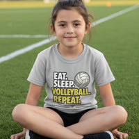 Eat Sleep Volleyball Repeat Youth Funny Sports Motivation T-Shirt for Kids Athletes Sport Grey - G640B - FRONT