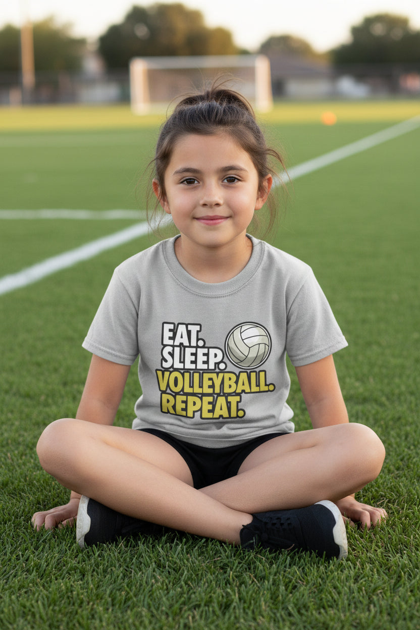 Eat Sleep Volleyball Repeat Youth Funny Sports Motivation T-Shirt for Kids Athletes Sport Grey - G640B - FRONT