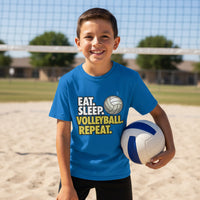 Eat Sleep Volleyball Repeat Youth Funny Sports Motivation T-Shirt for Kids Athletes Royal - G640B - FRONT