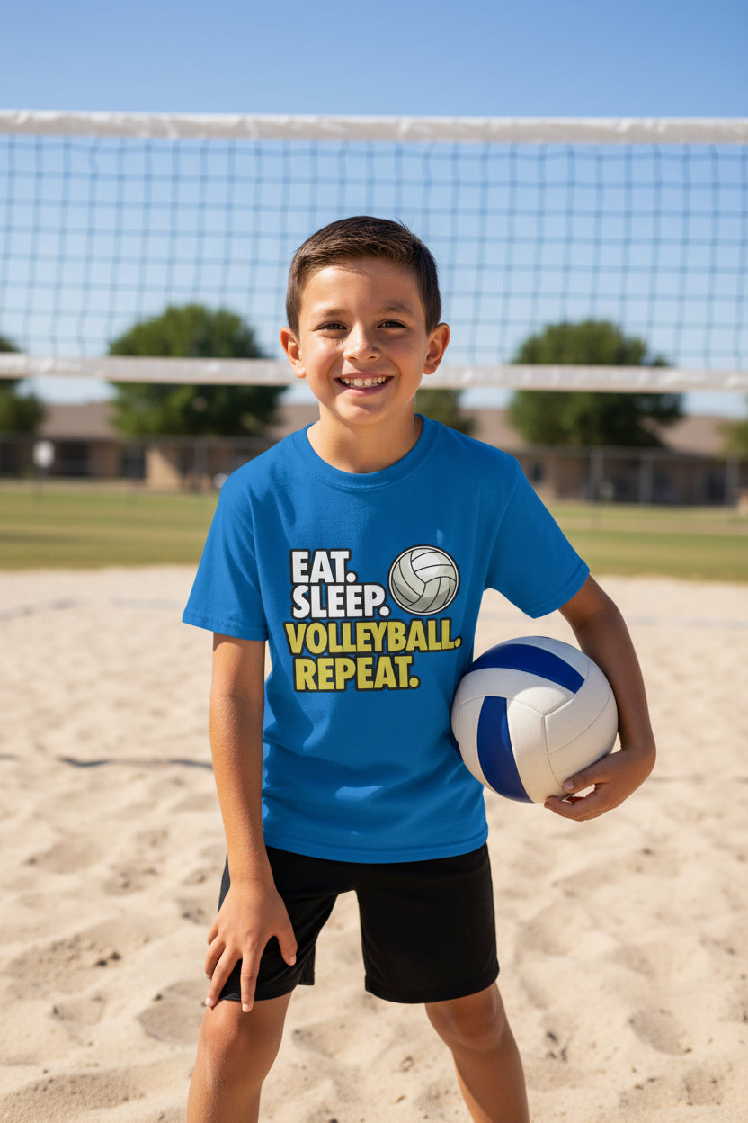Eat Sleep Volleyball Repeat Youth Funny Sports Motivation T-Shirt for Kids Athletes Royal - G640B - FRONT