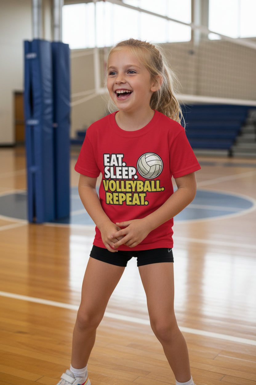 Eat Sleep Volleyball Repeat Youth Funny Sports Motivation T-Shirt for Kids Athletes Red - G640B - FRONT