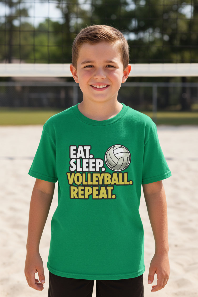 Eat Sleep Volleyball Repeat Youth Funny Sports Motivation T-Shirt for Kids Athletes Irish Green - G640B - FRONT