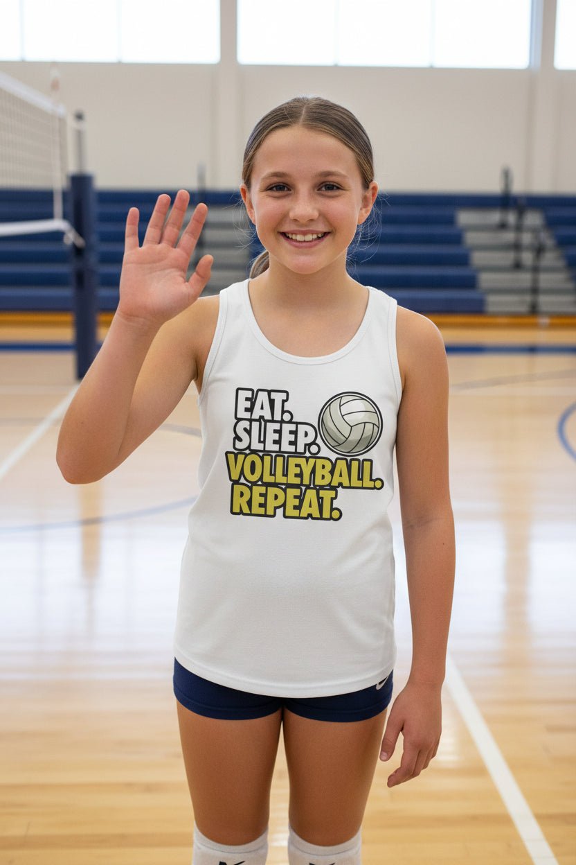 Eat Sleep Volleyball Repeat Youth Funny Sports Motivation Tank Top for Kids Athletes Solid White Triblend - 3480YCV - FRONT