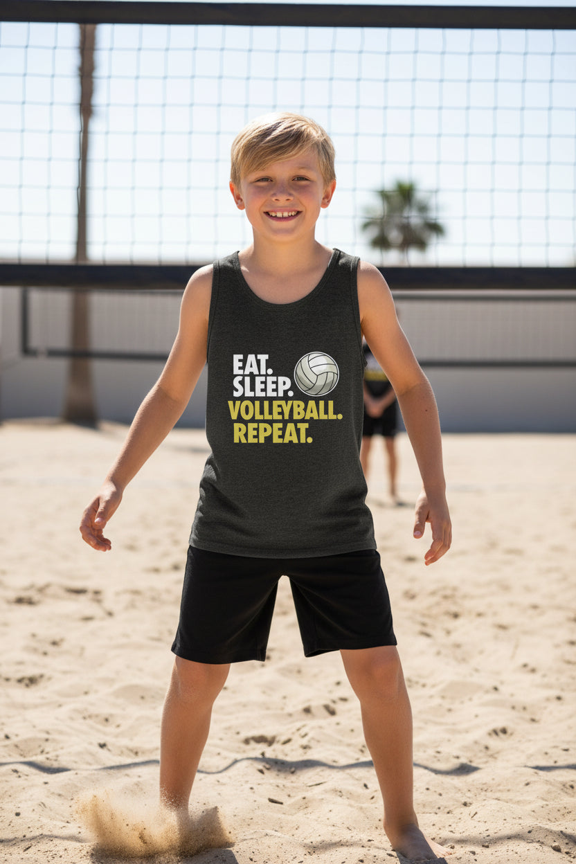 Eat Sleep Volleyball Repeat Youth Funny Sports Motivation Tank Top for Kids Athletes DARK GREY HEATHER - 3480YCV - FRONT