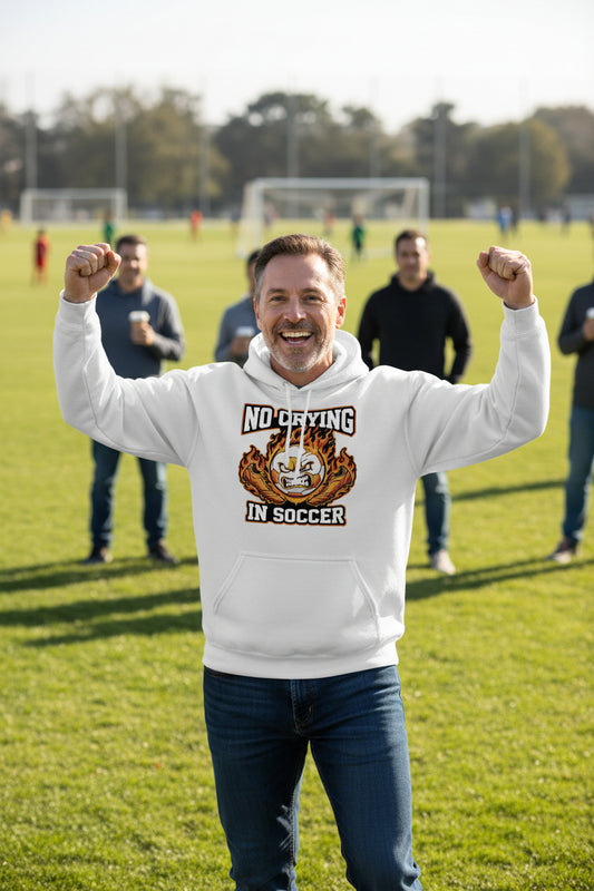 Flaming Soccer Ball Hoodie Design – Strong Athlete Energy Sports Humor Graphic  WHITE - FRONT