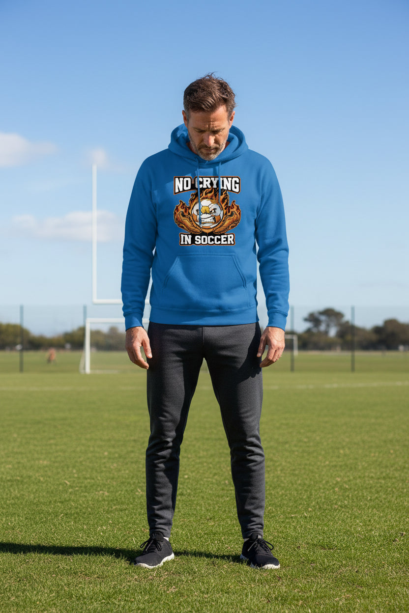 Flaming Soccer Ball Hoodie Design – Strong Athlete Energy Sports Humor Graphic  Royal - FRONT