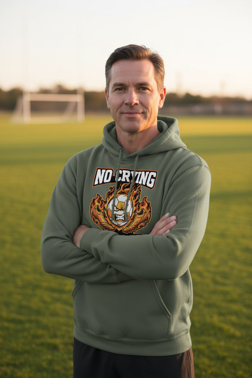 Flaming Soccer Ball Hoodie Design – Strong Athlete Energy Sports Humor Graphic  MILITARY GREEN - FRONT
