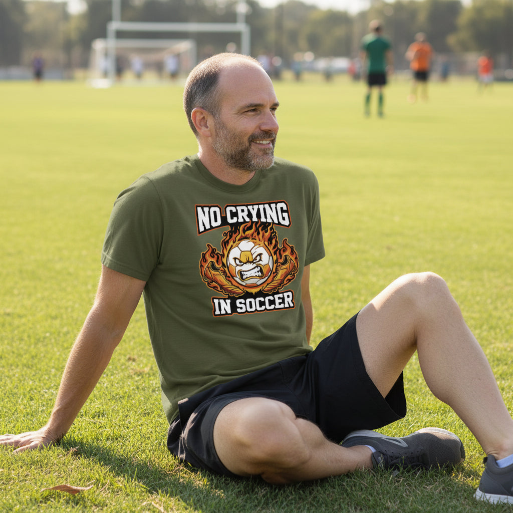Flaming Soccer Ball T-Shirt Design – Strong Athlete Energy Sports Humor Graphic MILITARY GREEN - FRONT