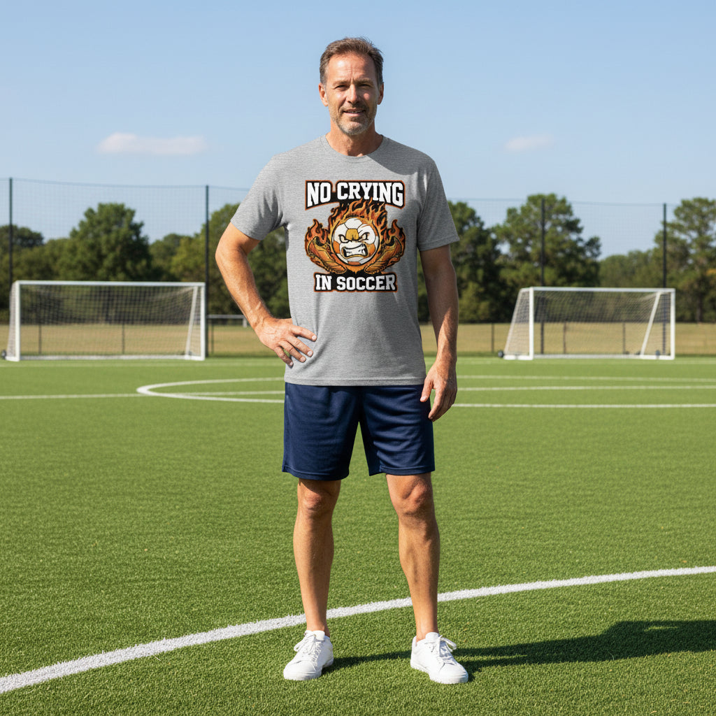 Flaming Soccer Ball T-Shirt Design – Strong Athlete Energy Sports Humor Graphic HEATHER GRAY - FRONT