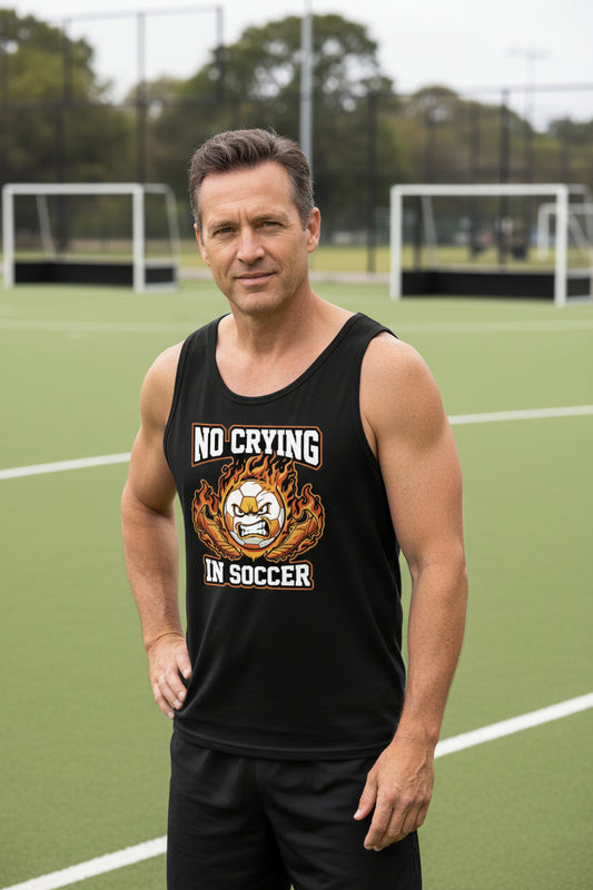 Flaming Soccer Ball Tank Top Design – Strong Athlete Energy Sports Humor Graphic BLACK - FRONT