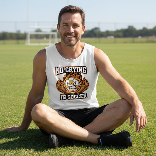 Flaming Soccer Ball Tank Top Design – Strong Athlete Energy Sports Humor Graphic WHITE - FRONT