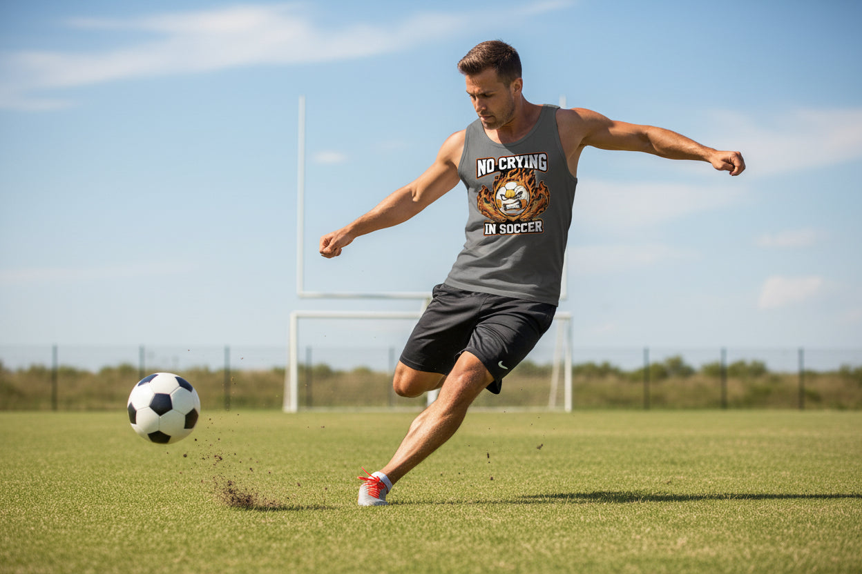 Flaming Soccer Ball Tank Top Design – Strong Athlete Energy Sports Humor Graphic DARK GREY - FRONT