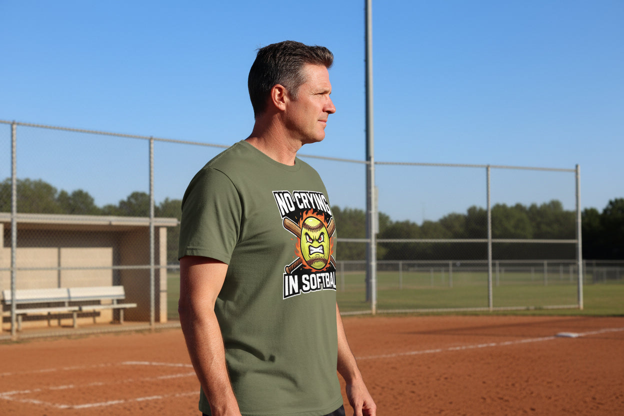 Flaming Softball Sports T-Shirt Design – Strong Athlete Energy Humor Graphic MILITARY GREEN - FRONT