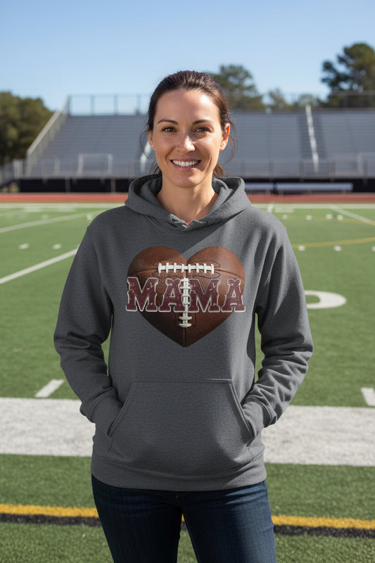 Football Mama Heart Hoodie - Athletic Pride Mom Spirit DARK HEATHER - FRONT