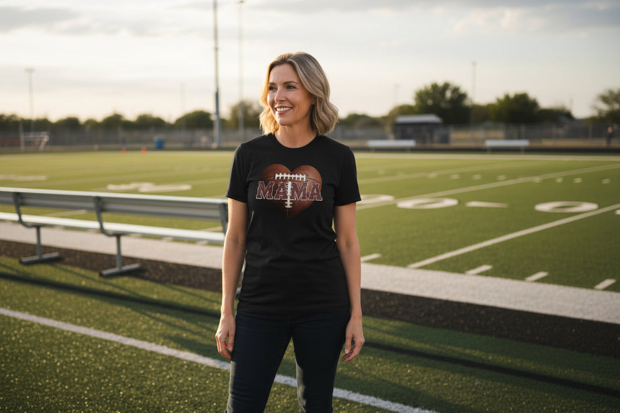 Football Mama Heart T-Shirt - Athletic Pride Mom Spirit SOLID BLK BLEND - FRONT