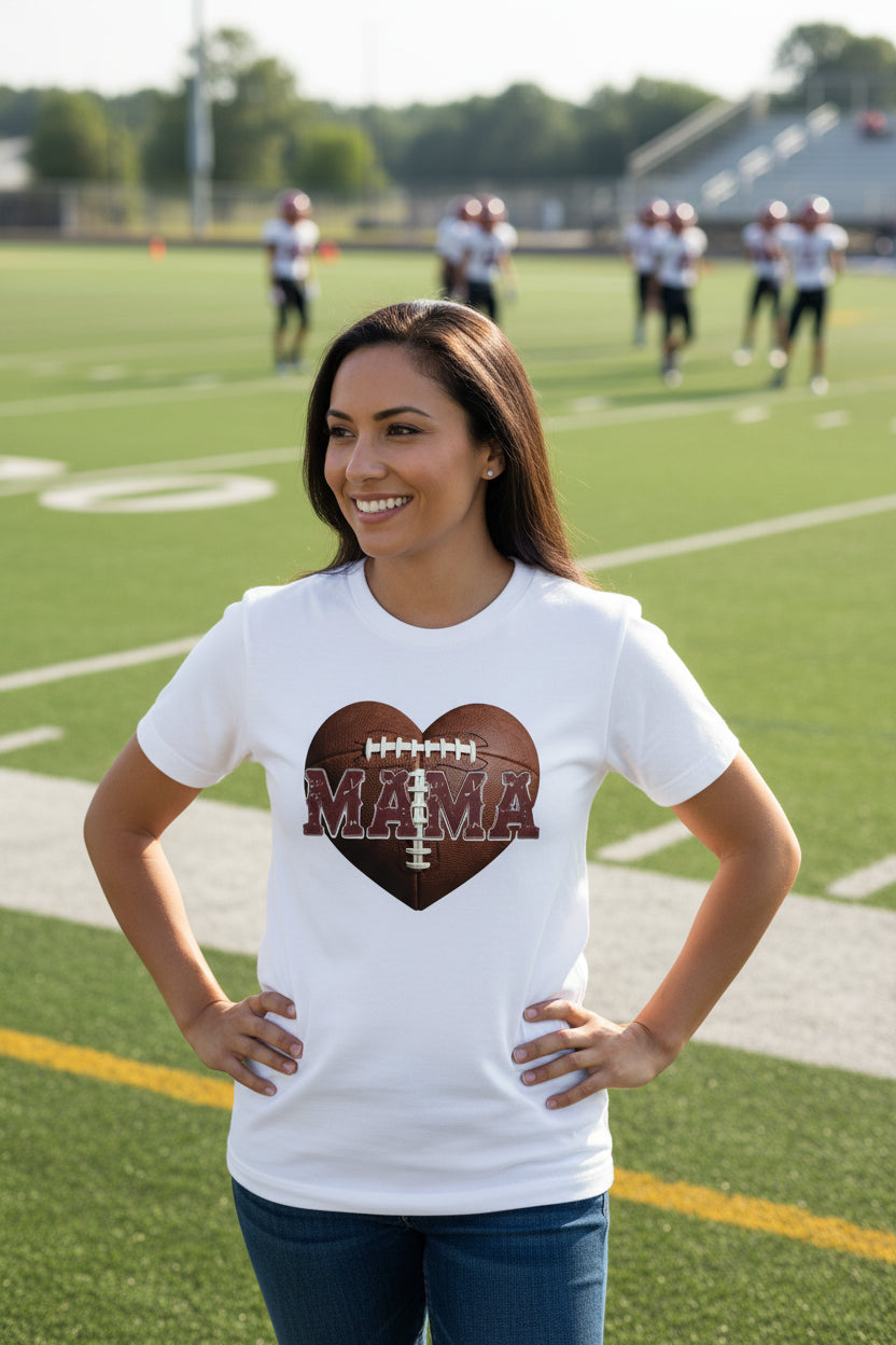 Football Mama Heart T-Shirt - Athletic Pride Mom Spirit WHITE - FRONT