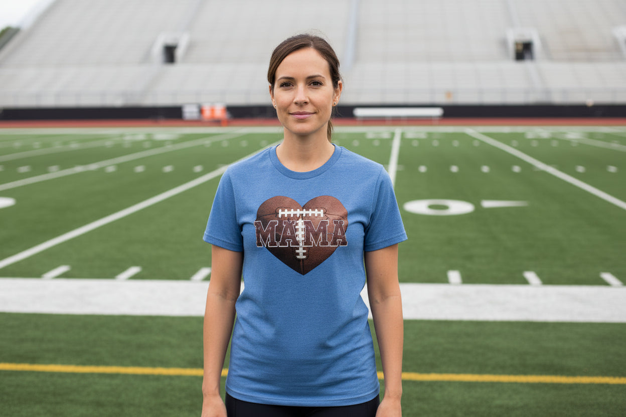 Football Mama Heart T-Shirt - Athletic Pride Mom Spirit HTHR TRUE ROYAL - FRONT