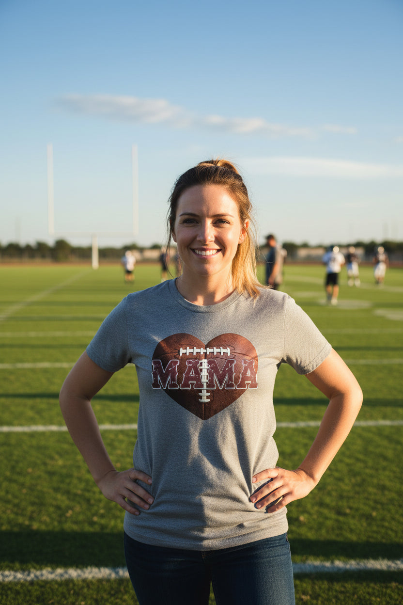 Football Mama Heart T-Shirt - Athletic Pride Mom Spirit DEEP HEATHER - FRONT