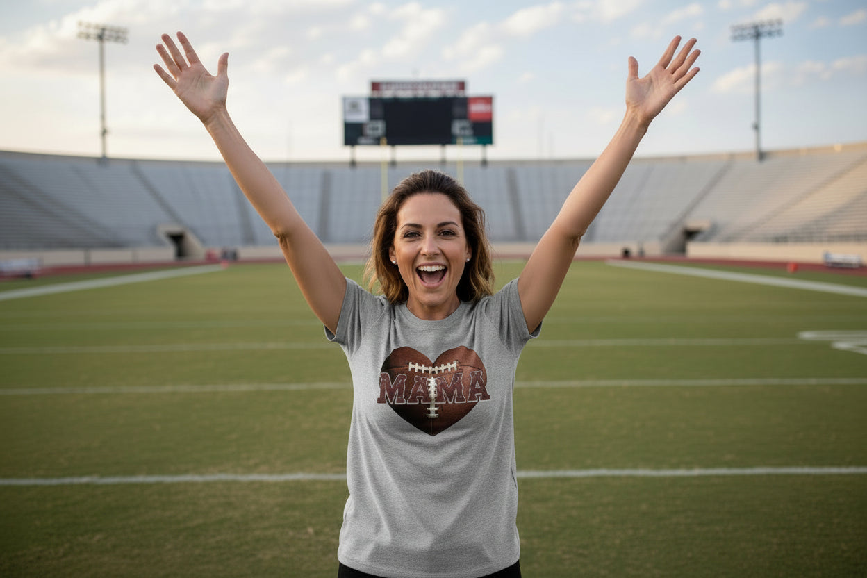 Football Mama Heart T-Shirt - Athletic Pride Mom Spirit ATHLETIC HEATHER - FRONT