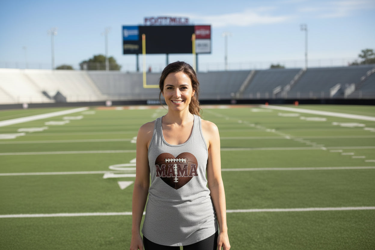 Football Mama Heart Tank Top- Athletic Pride Mom Spirit Heather Gray - FRONT
