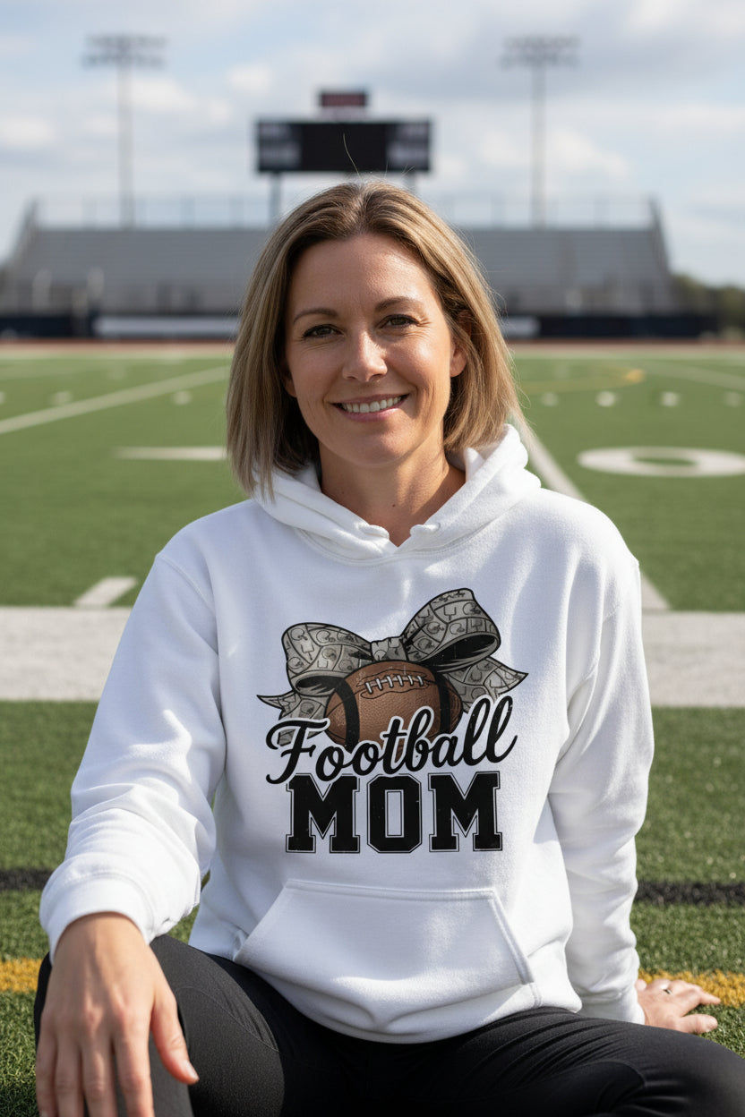 Football Mom Life – Chic Bow Game Day Statement Hoodie WHITE - SF500 - FRONT