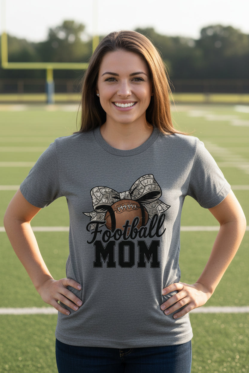 Football Mom Life – Chic Bow Game Day Statement T-Shirt DRK GREY HEATHER - 6004 - FRONT