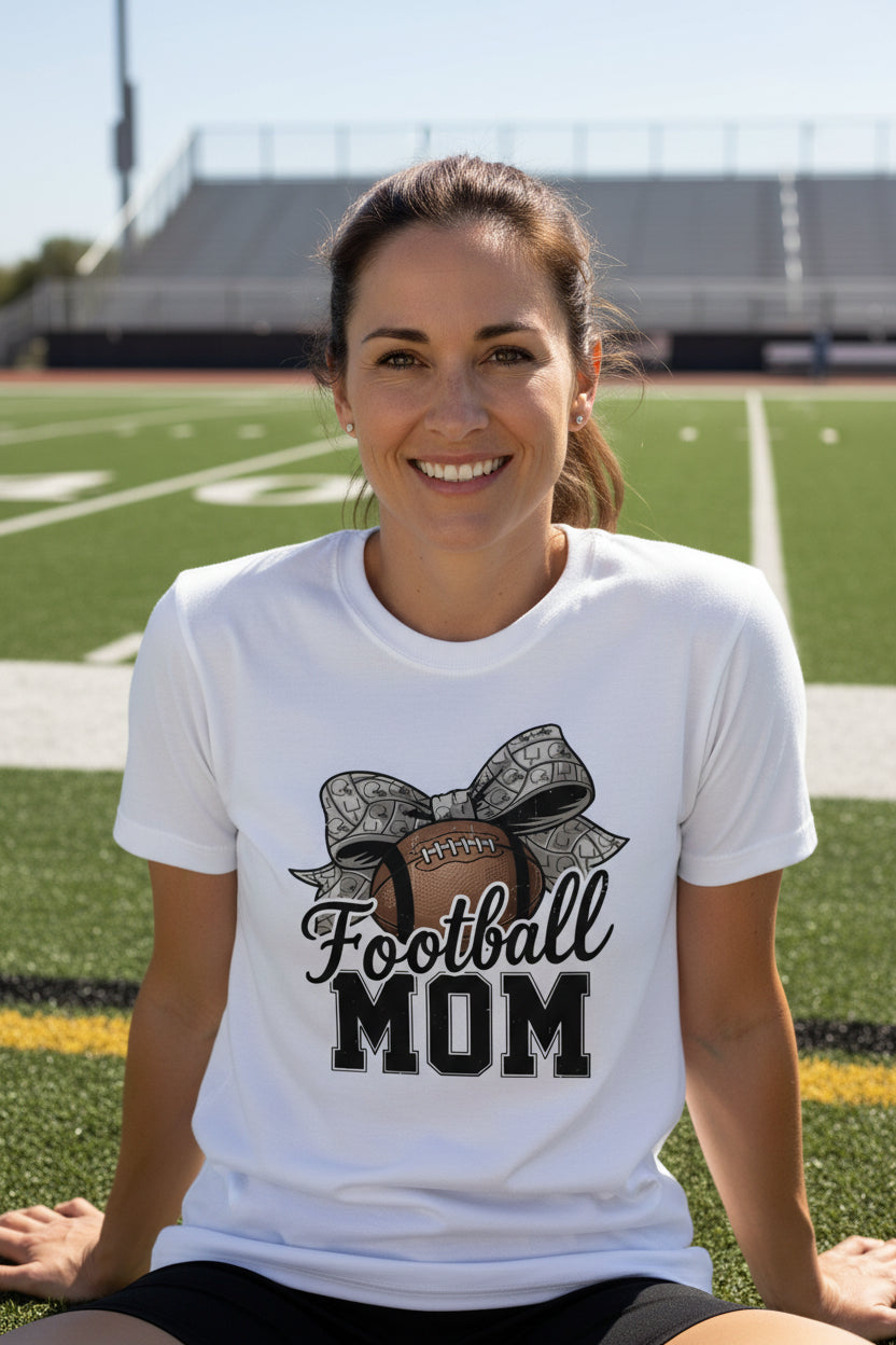 Football Mom Life – Chic Bow Game Day Statement T-Shirt WHITE - 6004 - FRONT