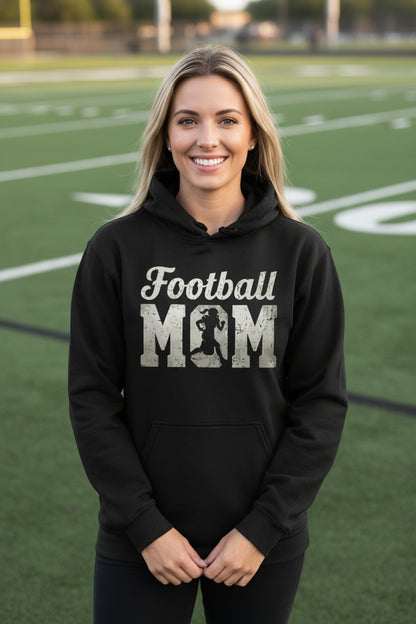 Football Mom Vintage Design – Proud Sports Mom Game Day Spirit Hoodie BLACK - FRONT