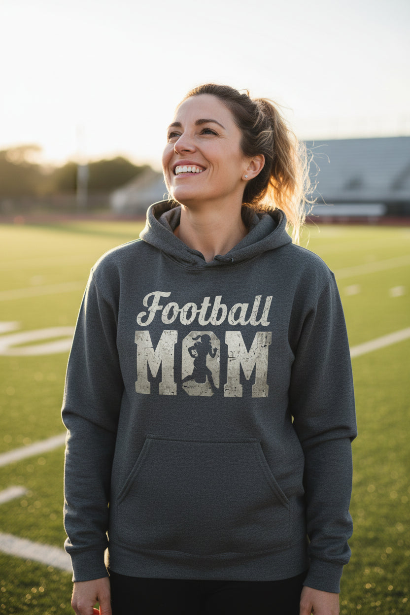 Football Mom Vintage Design – Proud Sports Mom Game Day Spirit Hoodie DARK HEATHER - FRONT
