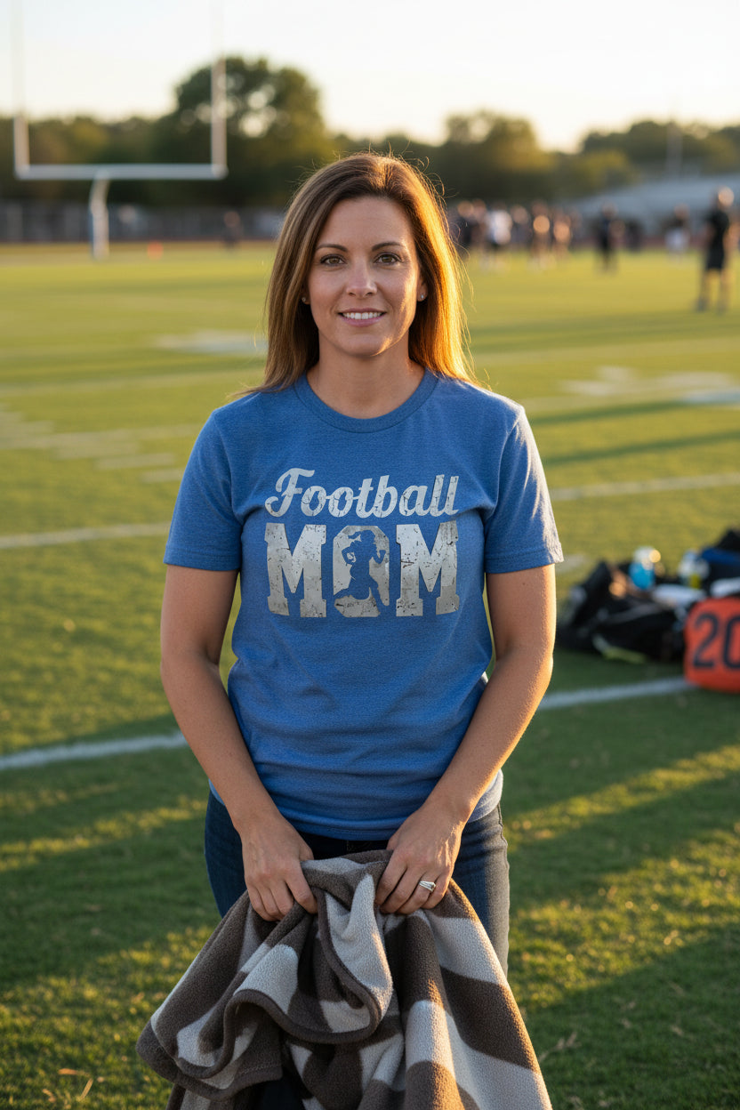 Football Mom Vintage Design – Proud Sports Mom Game Day Spirit T-Shirt HTHR TRUE ROYAL - FRONT