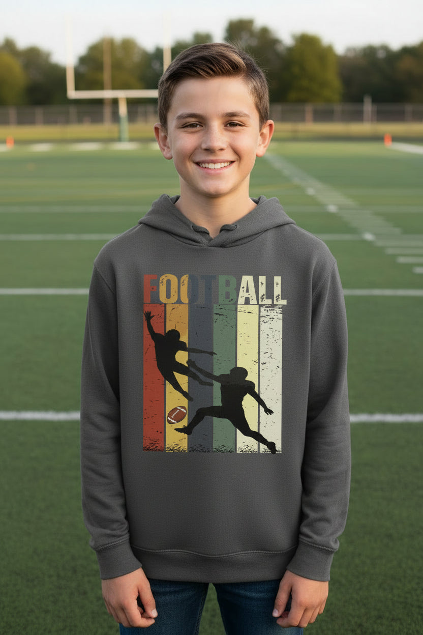 Football Player Retro Sunset Hoodie for Boys Touchdown Athlete Vintage Style Iron Grey - YST358 - FRONT