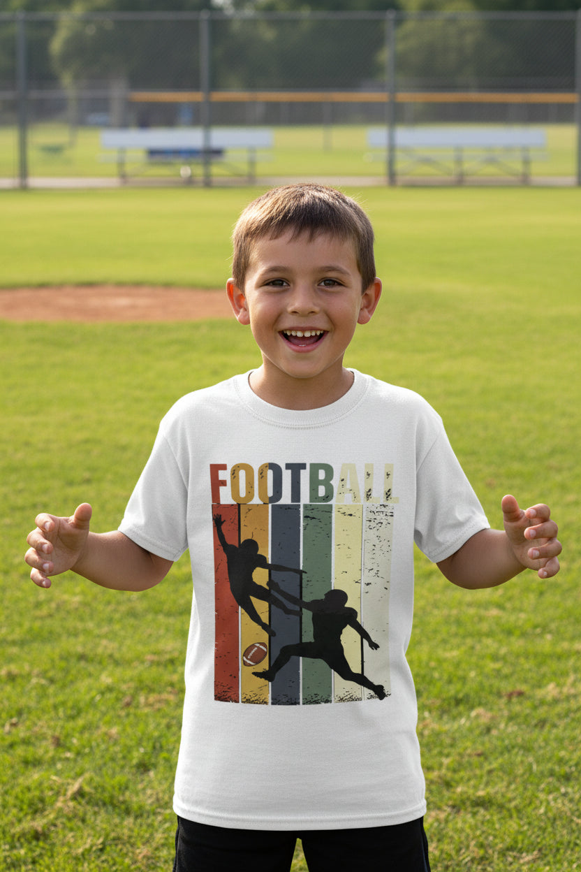 Football Player Retro Sunset T-Shirt for Boys Touchdown Athlete Vintage Style WHITE - G640B - FRONT