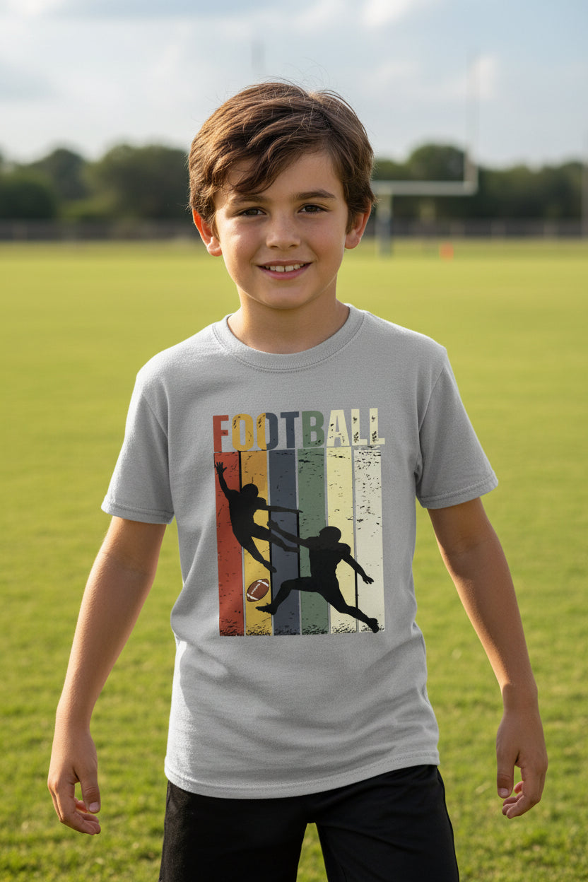 Football Player Retro Sunset T-Shirt for Boys Touchdown Athlete Vintage Style Sport Grey - G640B - FRONT