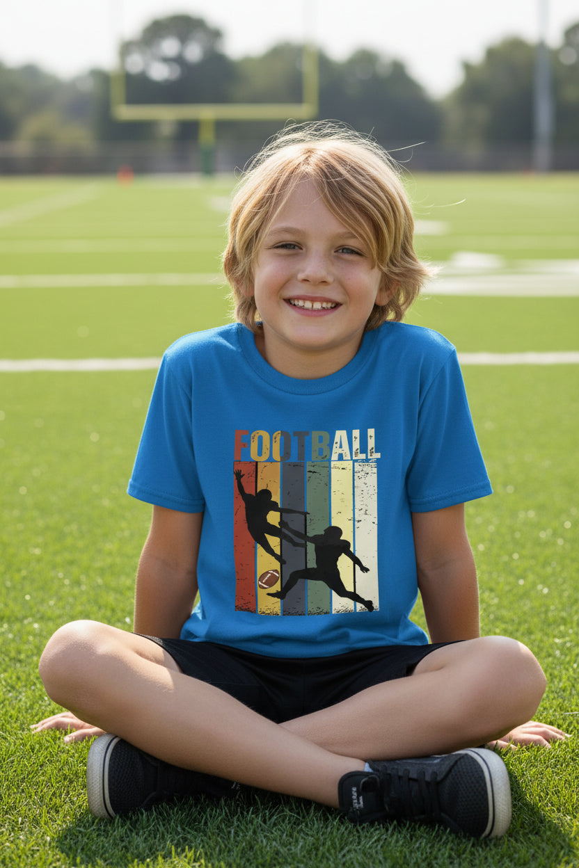 Football Player Retro Sunset T-Shirt for Boys Touchdown Athlete Vintage Style Royal - G640B - FRONT