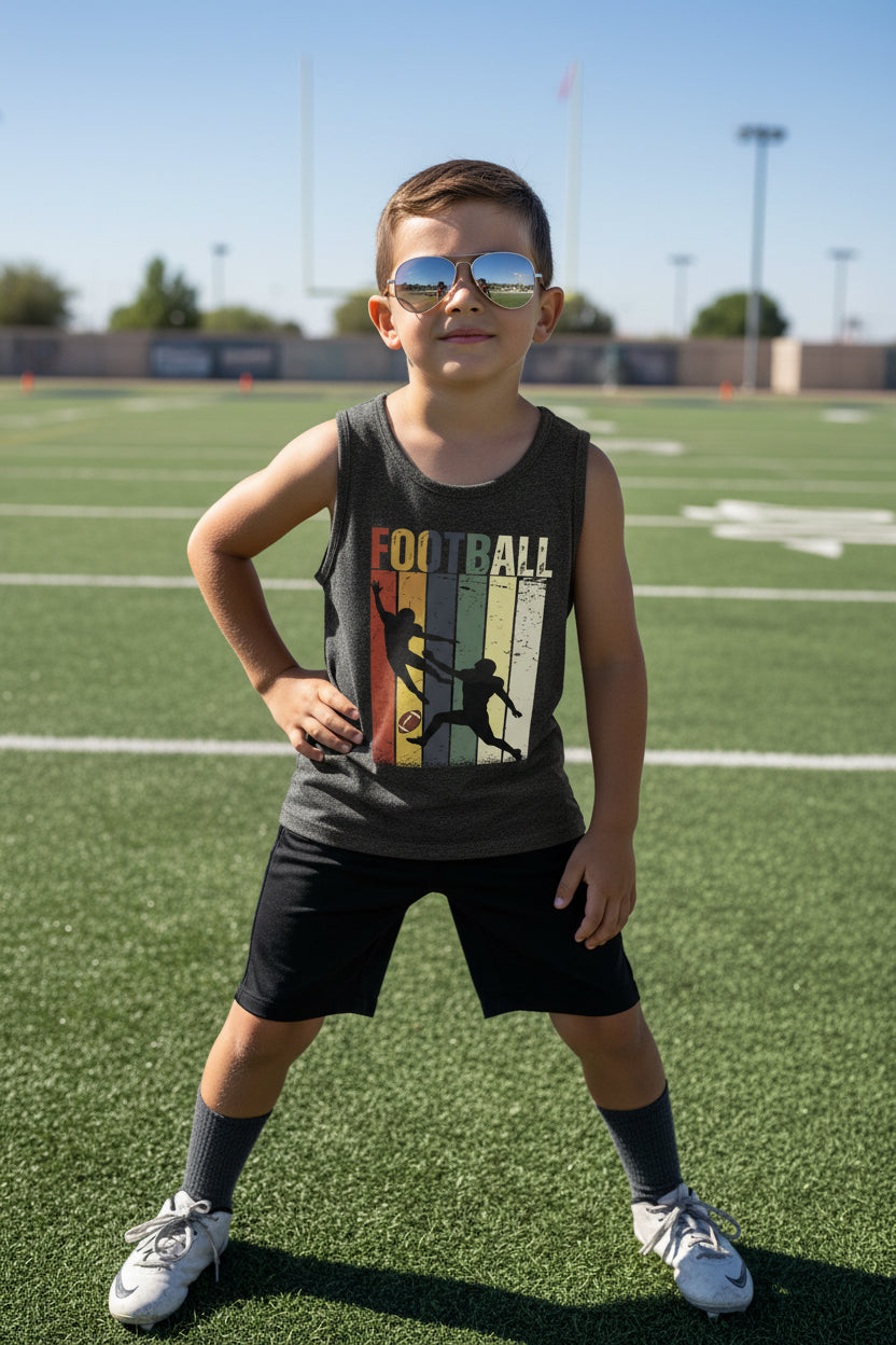Football Player Retro Sunset Tank Top for Boys Touchdown Athlete Vintage Style DARK GREY HEATHER - 3480YCV - FRONT