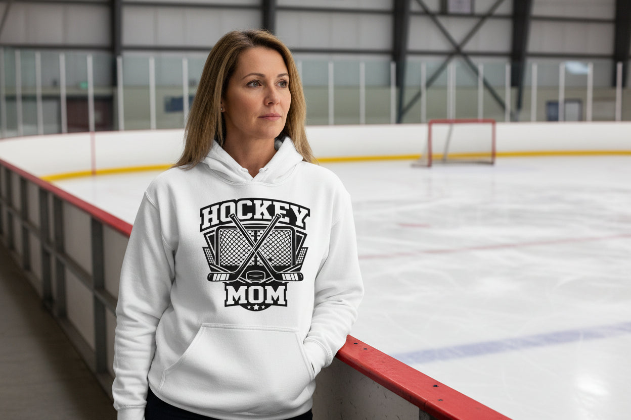 Game Day Hockey Mom Hoodie Graphic – Bold Athletic Family Supporter Design WHITE - FRONT
