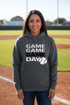 Game Game Day Baseball Ladies Hoodie Bold Sports Fan Graphic DARK HEATHER - SF500 - FRONT