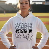 Game Game Day Baseball Ladies Hoodie Bold Sports Fan Graphic WHITE - SF500 - FRONT