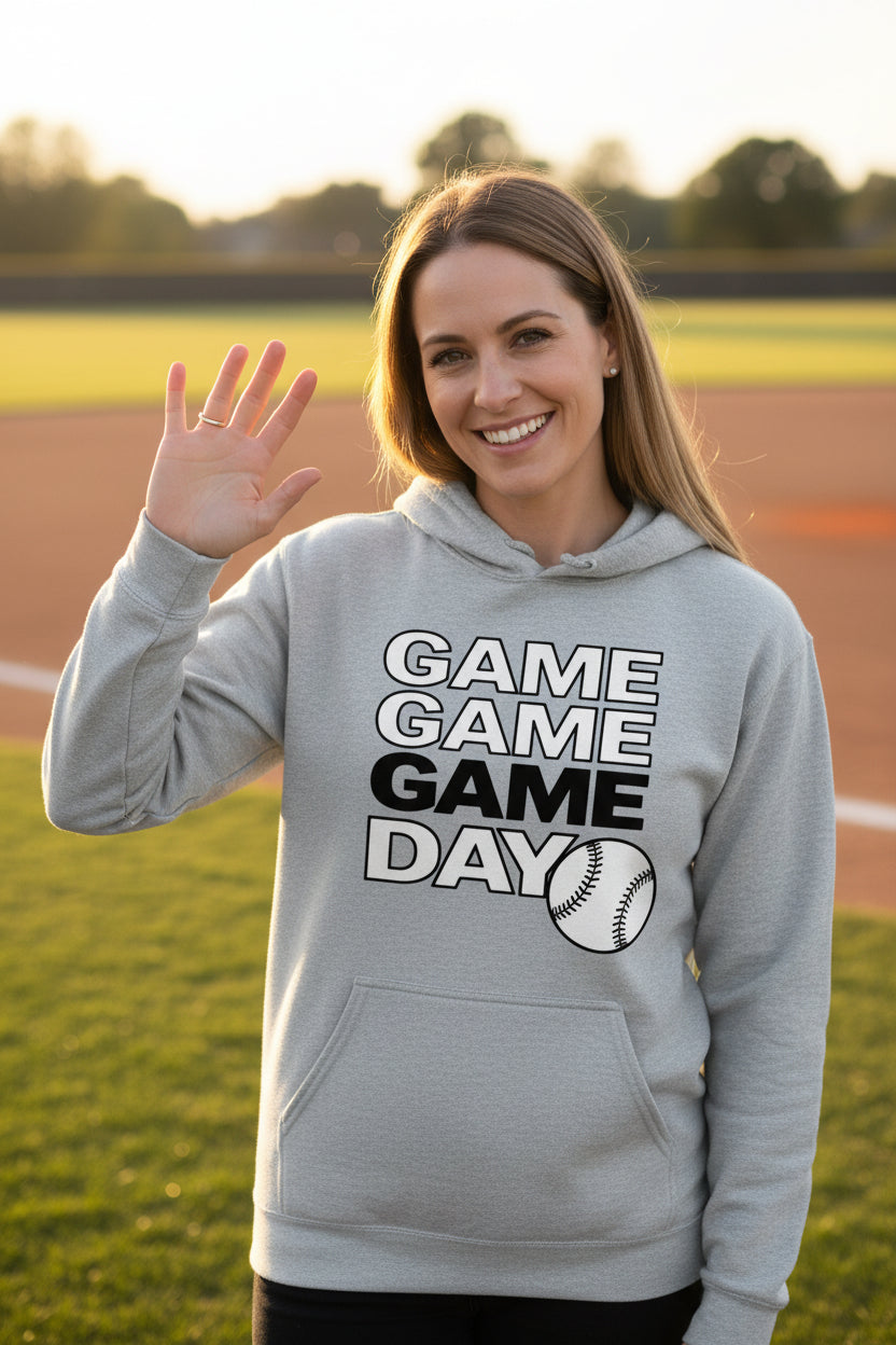 Game Game Day Baseball Ladies Hoodie Bold Sports Fan Graphic SPORT GREY - SF500 - FRONT