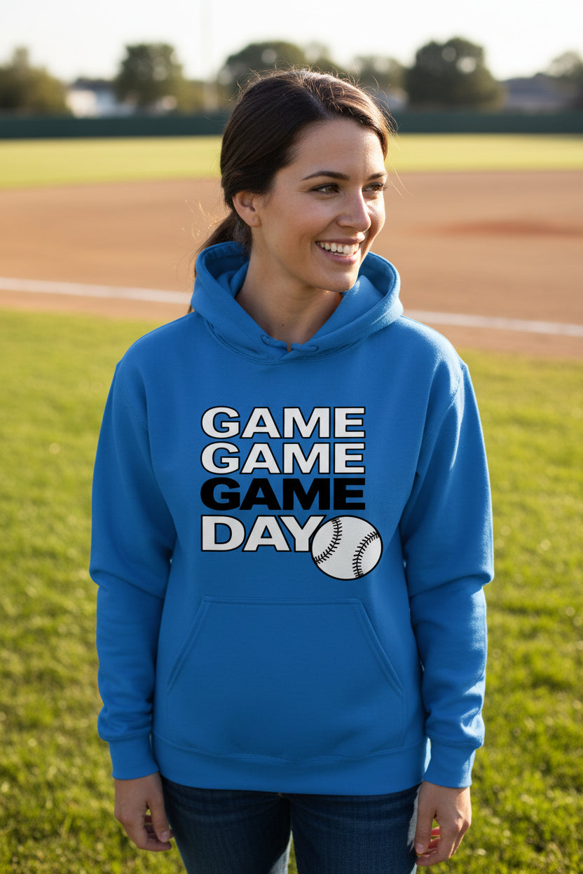Game Game Day Baseball Ladies Hoodie Bold Sports Fan Graphic Royal - SF500 - FRONT