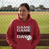 Game Game Day Baseball Ladies Hoodie Bold Sports Fan Graphic RED - SF500 - FRONT