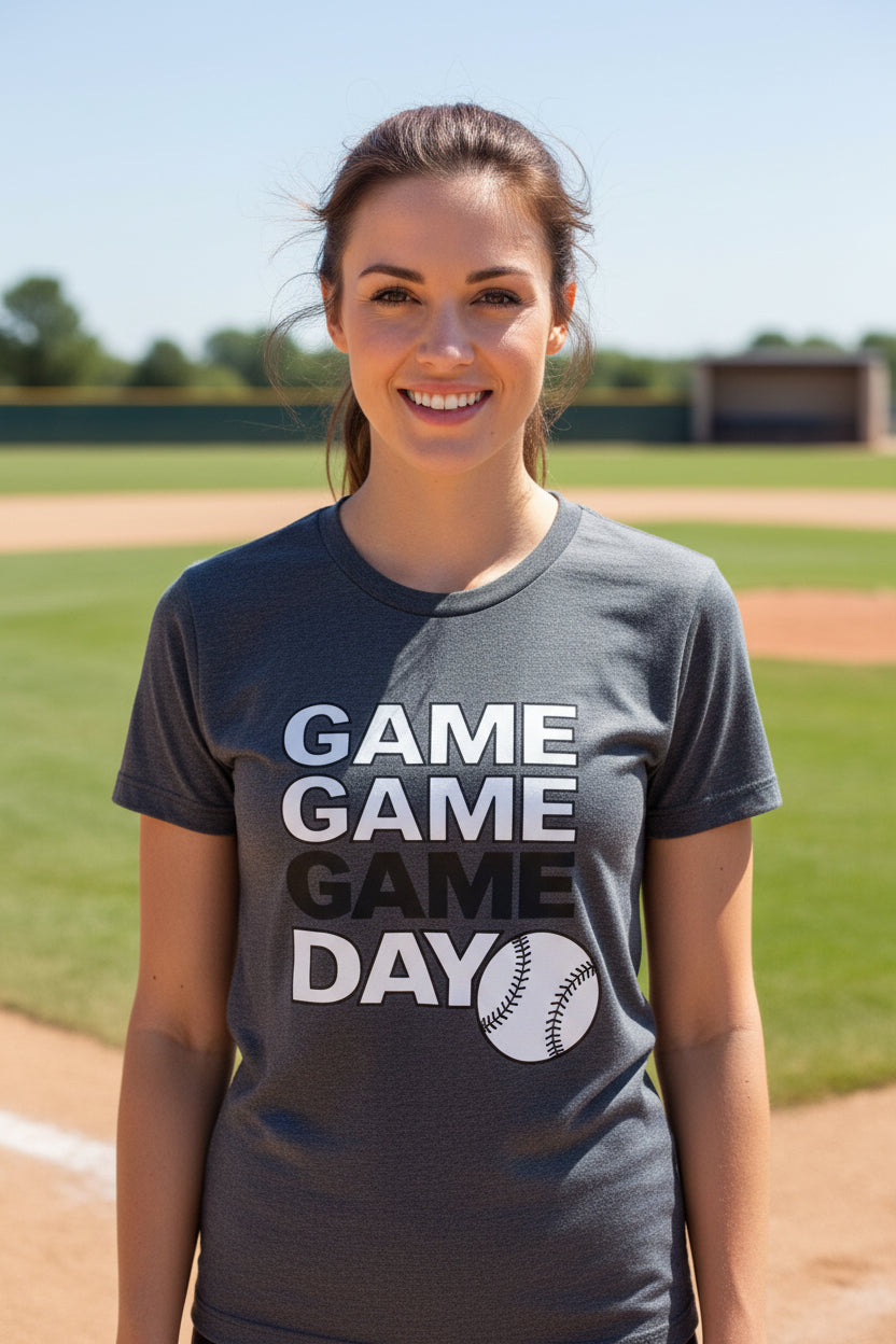 Game Game Day Baseball Ladies T-Shirt Bold Sports Fan Graphic DRK GREY HEATHER - 6004 - FRONT