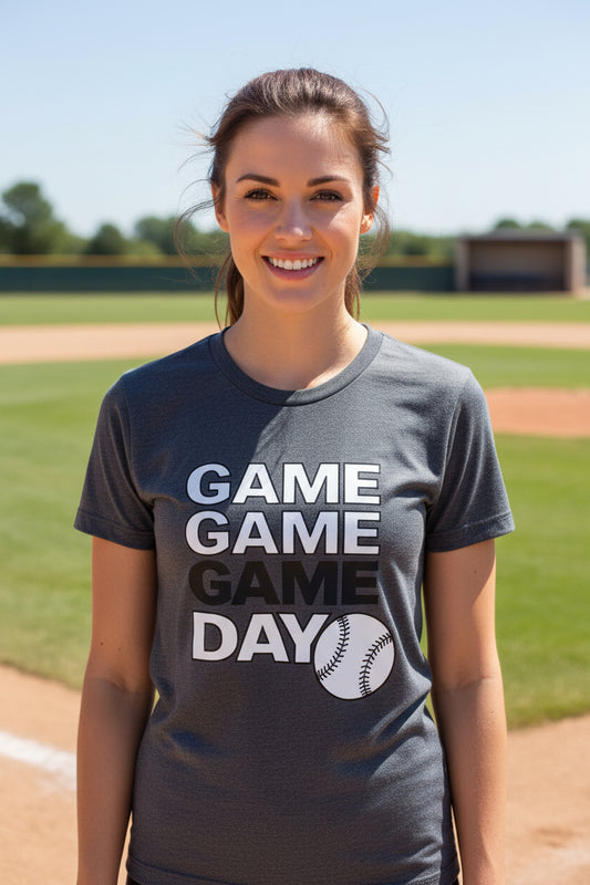 Game Game Day Baseball Ladies T-Shirt Bold Sports Fan Graphic DRK GREY HEATHER - 6004 - FRONT