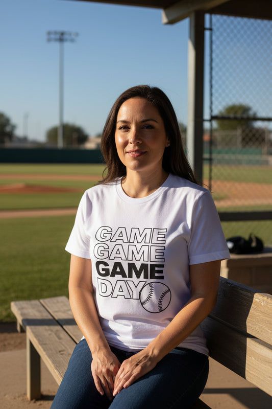 Game Game Day Baseball Ladies T-Shirt Bold Sports Fan Graphic WHITE - 6004 - FRONT