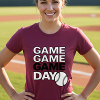 Game Game Day Baseball Ladies T-Shirt Bold Sports Fan Graphic MAROON - 6004 - FRONT