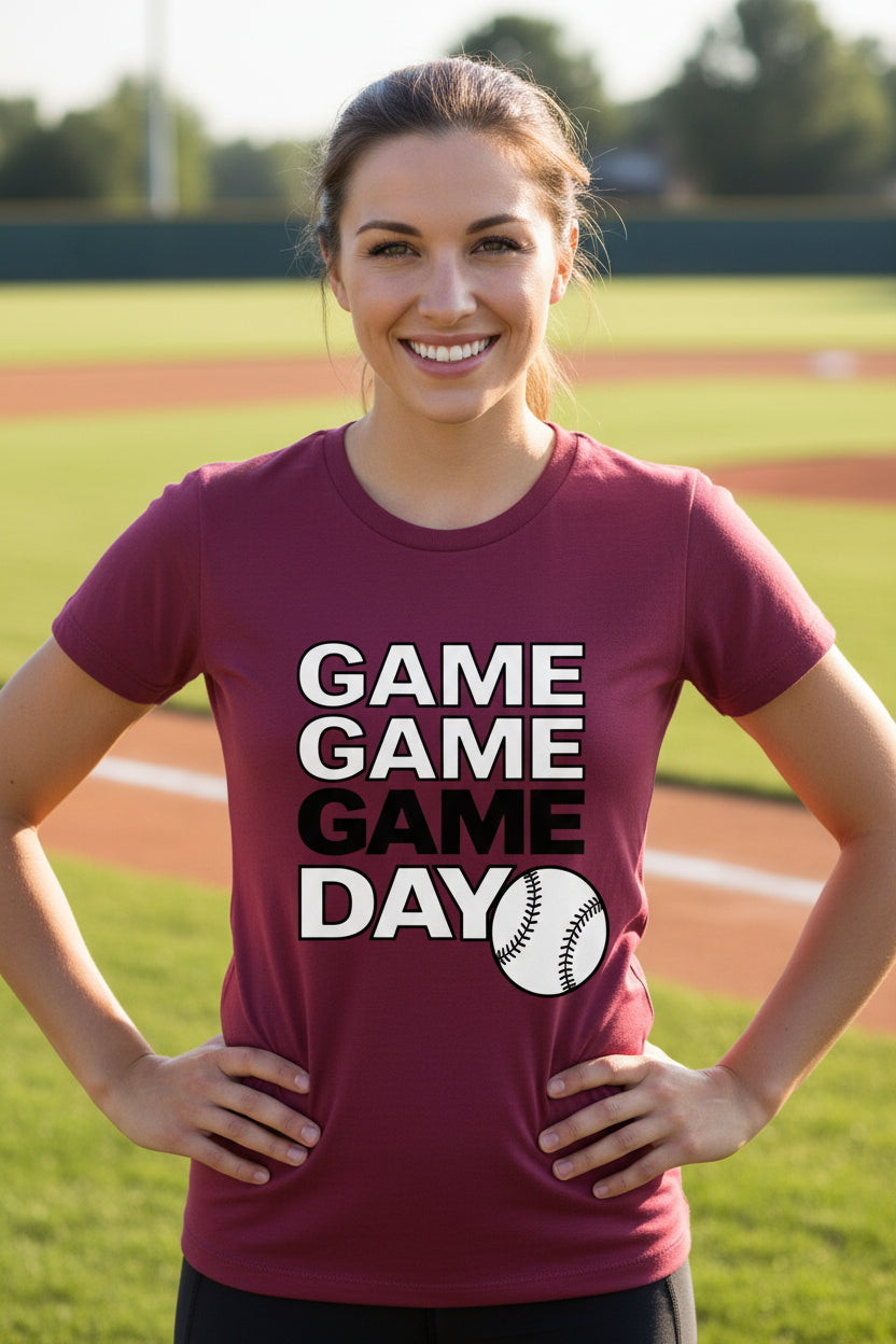 Game Game Day Baseball Ladies T-Shirt Bold Sports Fan Graphic MAROON - 6004 - FRONT