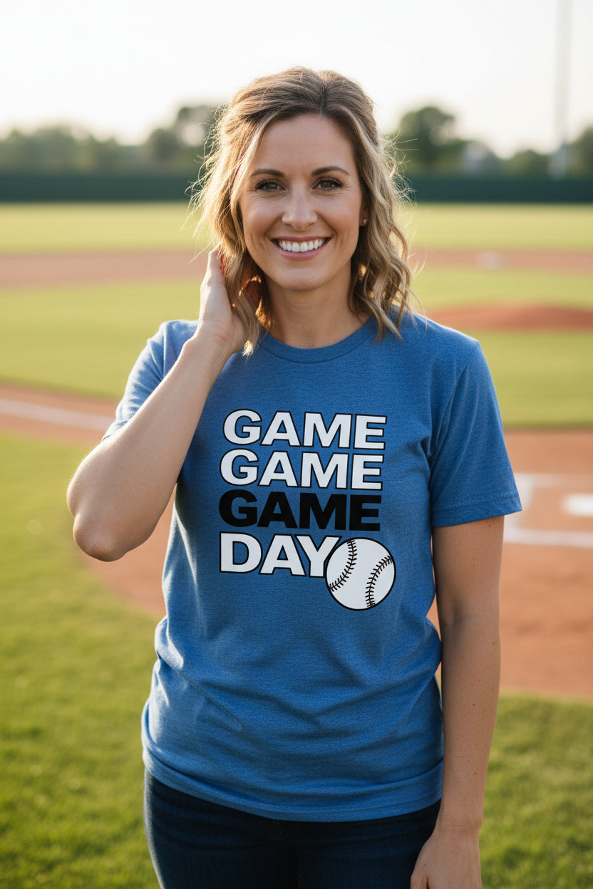 Game Game Day Baseball Ladies T-Shirt Bold Sports Fan Graphic HTHR TRUE ROYAL - 6004 - FRONT